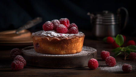 Raspberry dessert, fresh homemade snack on rustic wood table generated by artificial intelligenceの素材
