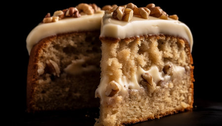 A slice of homemade chocolate cake with almond icing generated by artificial intelligenceの素材