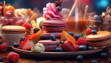 Freshness and sweetness on a rustic table, indulging in homemade desserts generated by artificial intelligenceの素材