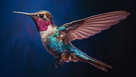 Majestic hummingbird flying, vibrant feathers spread, nature beauty in motion generated by artificial intelligenceの素材