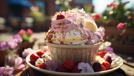 Freshness and sweetness of summer berries on a homemade dessert generated by artificial intelligenceの素材