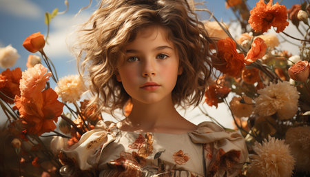 Smiling woman in a cute dress, surrounded by autumn leaves generated by artificial intelligenceの素材