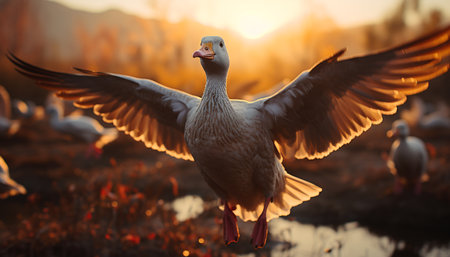 Flying animals in the wild, feathers spread, bask in sunset beauty generated by artificial intelligenceの素材