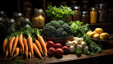 Fresh vegetables, healthy eating, organic, vegetarian food, rustic kitchen, green generated by artificial intelligenceの素材
