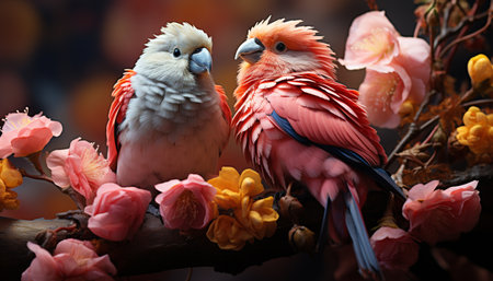 A vibrant macaw perching on a branch in the rainforest generated by artificial intelligenceの素材