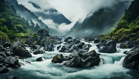 Majestic mountain peak, dark sky, wet rock, flowing water generated by artificial intelligenceの素材