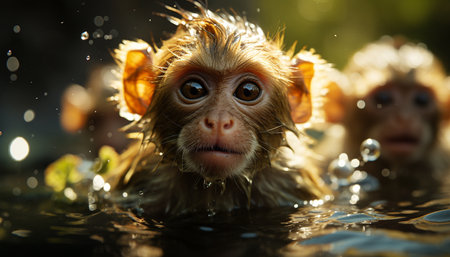 Cute monkey sitting in the wet forest, playful and adorable generated by artificial intelligenceの素材