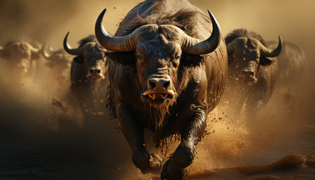 African buffalo roam the savannah, showcasing their strength and aggression generated by artificial intelligenceの素材