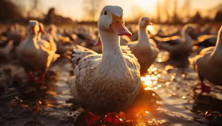 Duck and chicken roam freely on the organic farm meadow generated by artificial intelligenceの素材