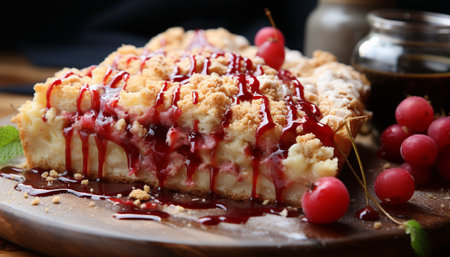 Freshness and sweetness on a plate, indulgent homemade berry cheesecake generated by artificial intelligenceの素材