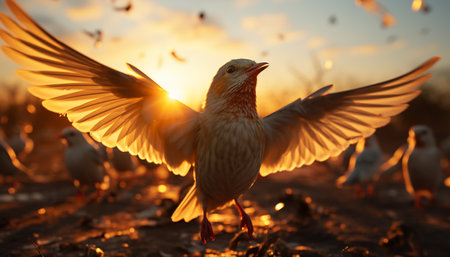 Flying feathered animals in the wild at sunset, sunlight, and dusk generated by artificial intelligenceの素材