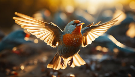 Bird perching on branch, spreading wings, enjoying freedom in nature generated by artificial intelligenceの素材