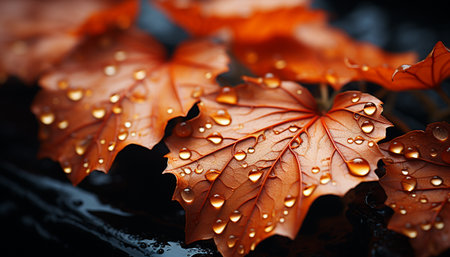 Vibrant autumn colors reflect in wet maple tree branches generated by artificial intelligenceの素材