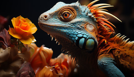 A cute iguana, vibrant in green, looking at the camera generated by artificial intelligenceの素材