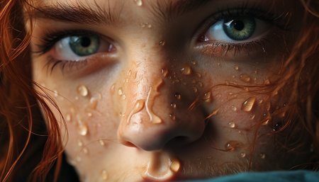 Wet drop on cute child face, nature beauty in innocence generated by artificial intelligenceの素材
