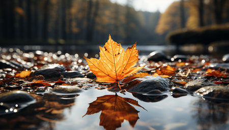 Vibrant autumn colors reflect on tranquil pond, nature beauty showcased generated by artificial intelligenceの素材