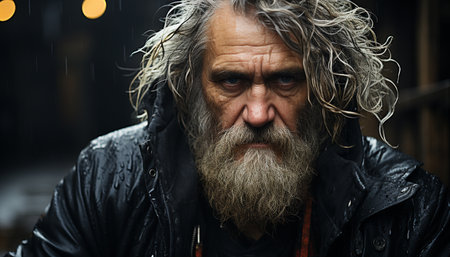 Bearded man with gray hair looking serious, confident in winter generated by artificial intelligenceの素材