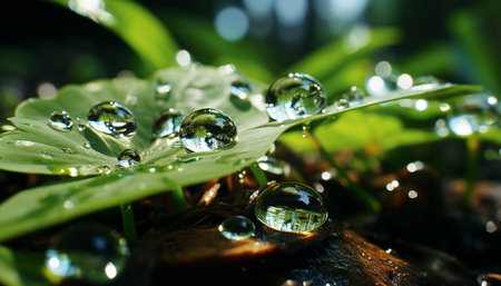 Fresh green leaves glisten with dew in the summer rain generated by artificial intelligenceの素材