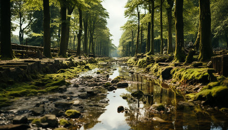 Tranquil scene of a wet forest, reflecting beauty in nature generated by artificial intelligenceの素材