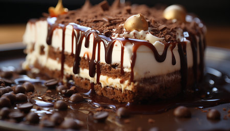 Gourmet chocolate cake slice on a wooden plate, indulgent dessert generated by artificial intelligenceの素材