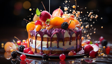 Gourmet chocolate cheesecake with fresh raspberry decoration, a sweet indulgence generated by artificial intelligenceの素材