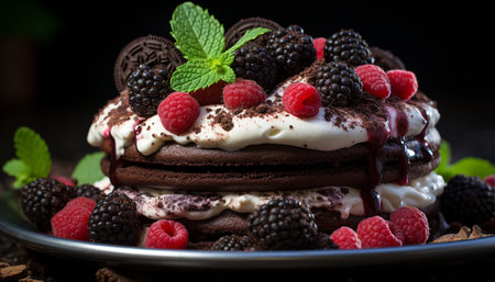 Raspberry dessert, gourmet sweet food, fresh berry, homemade indulgence generated by artificial intelligenceの素材