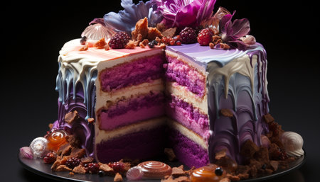 Indulgent chocolate cake with fresh berries, homemade and decadent generated by artificial intelligenceの素材