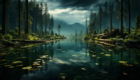 Tranquil scene of a mountain reflecting in a peaceful pond generated by artificial intelligenceの素材