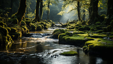 Tranquil scene nature beauty in autumn, wet leaves, flowing water generated by artificial intelligenceの素材