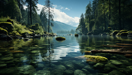 Tranquil scene of a mountain peak reflecting in a flowing pond generated by artificial intelligenceの素材