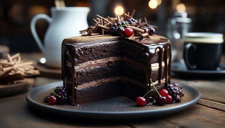 Gourmet chocolate dessert on a rustic wooden table, tempting indulgence generated by artificial intelligenceの素材