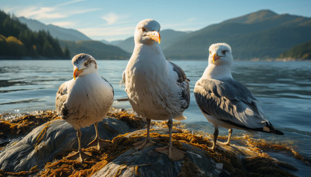 Seagull flying over water, coastline, and mountains in beautiful nature generated by artificial intelligenceの素材