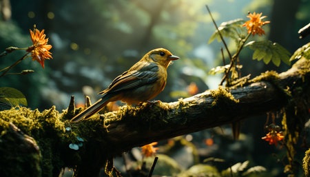 Cute bird perching on branch, singing in tranquil forest generated by artificial intelligenceの素材