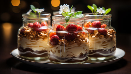 Freshness and sweetness on a plate, a homemade berry indulgence generated by artificial intelligenceの素材