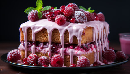 Homemade gourmet dessert Fresh berry cheesecake with whipped cream topping generated by artificial intelligenceの素材