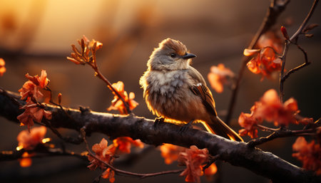 A small sparrow perching on a branch, surrounded by autumn leaves generated by artificial intelligenceの素材