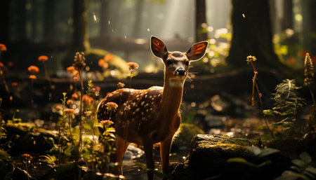 Cute deer standing in the forest, looking at camera peacefully generated by artificial intelligenceの素材