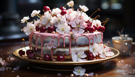 Gourmet dessert with fresh fruit, chocolate, and creamy decoration generated by artificial intelligenceの素材