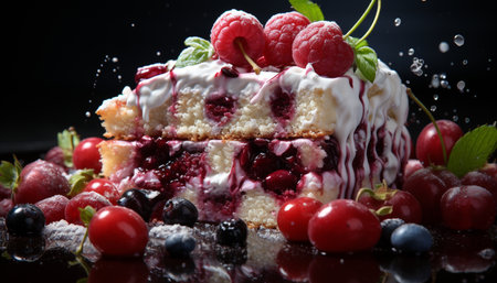 Freshness of summer berries, gourmet dessert on wooden plate generated by artificial intelligenceの素材