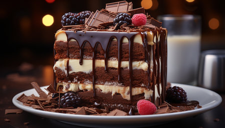 A gourmet dessert table with homemade chocolate cake and raspberry fudge generated by artificial intelligenceの素材