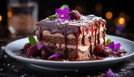 A plate of gourmet dessert, chocolate slice, fresh fruit decoration generated by artificial intelligenceの素材