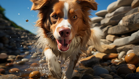 Cute puppy playing outdoors, looking at camera with loyalty generated by artificial intelligenceの素材
