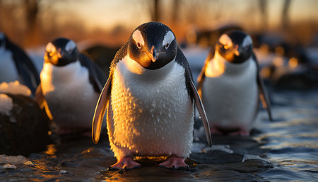 Penguin in snow, beak close up, cute animal looking at sunset generated by artificial intelligenceの素材