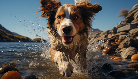 Cute puppy splashing in water, enjoying nature playful summer fun generated by artificial intelligenceの素材