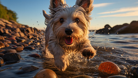 Cute terrier puppy playing in the water on a summer day generated by artificial intelligenceの素材