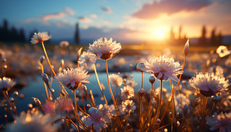 Vibrant summer meadow, a close up of a yellow daisy generated by artificial intelligenceの素材