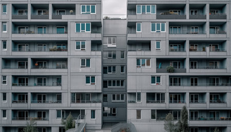 Modern skyscraper shapes urban skyline with geometric pattern repetition generated by artificial intelligenceの素材