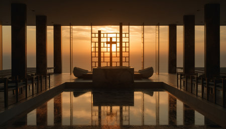 Sunset reflects on tranquil water, nature and architecture in silhouette generated by artificial intelligenceの素材