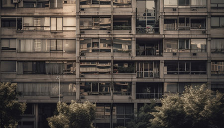 Modern skyscraper reflects city life in dirty construction industry pattern generated by artificial intelligenceの素材
