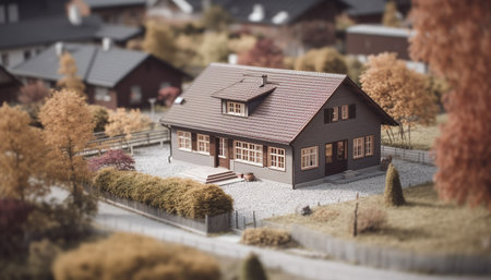 Wooden cottage nestled in rural scene surrounded by autumn trees generated by artificial intelligenceの素材